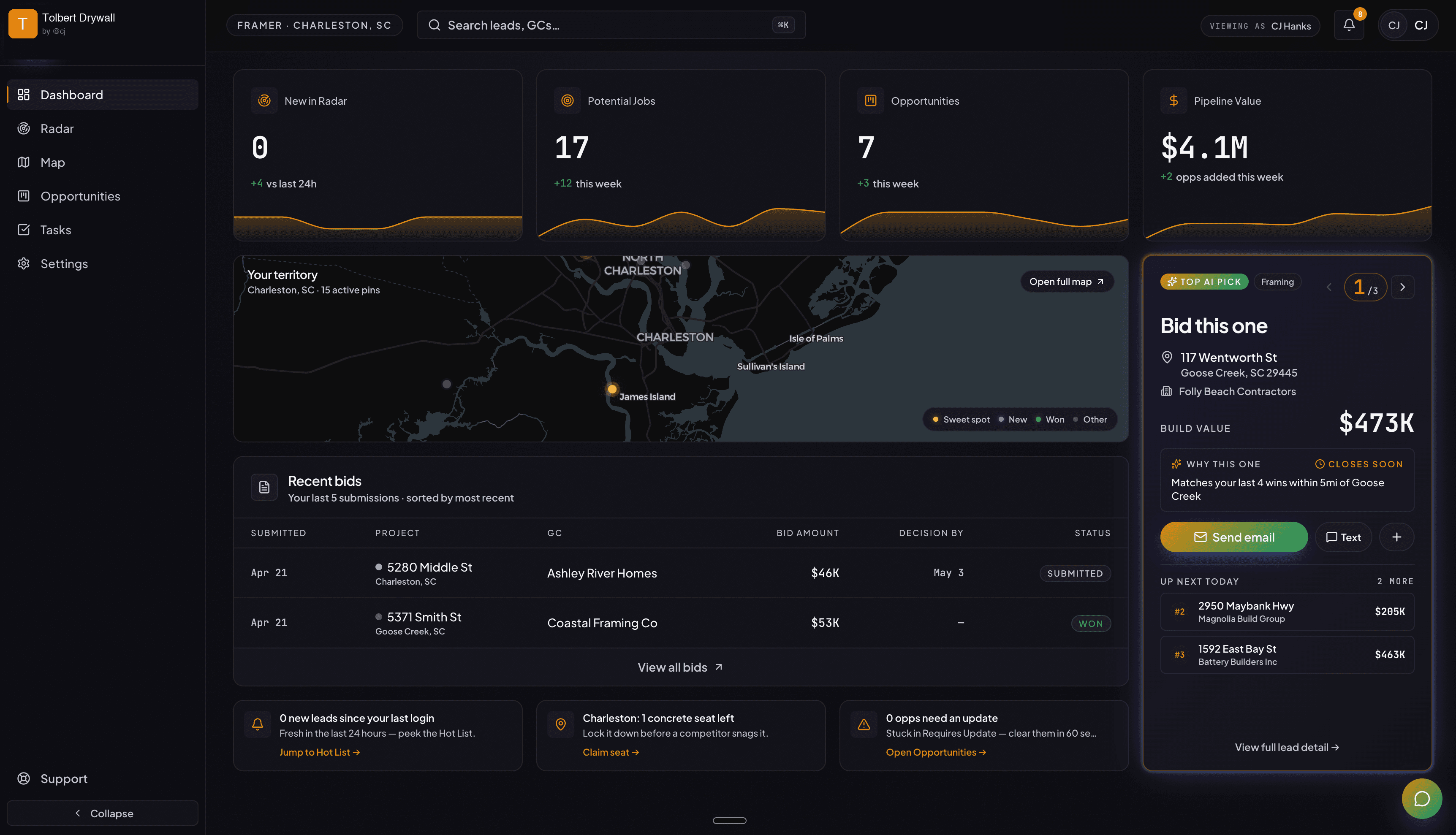 GC Radar dashboard showing live jobs in Charleston, South Carolina